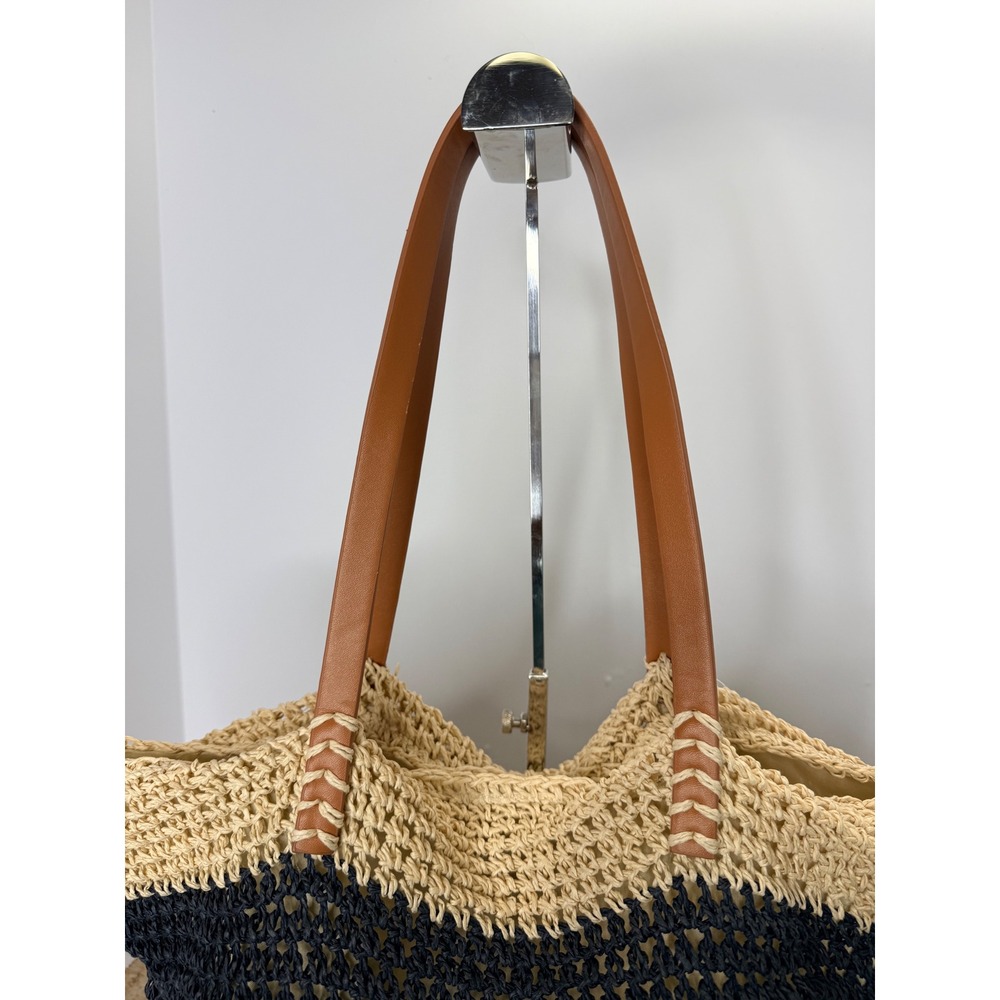 Forever 21 Straw Tote Bag Womens Navy Cream Striped Woven Beach Summer Coastal - Picture 6 of 11